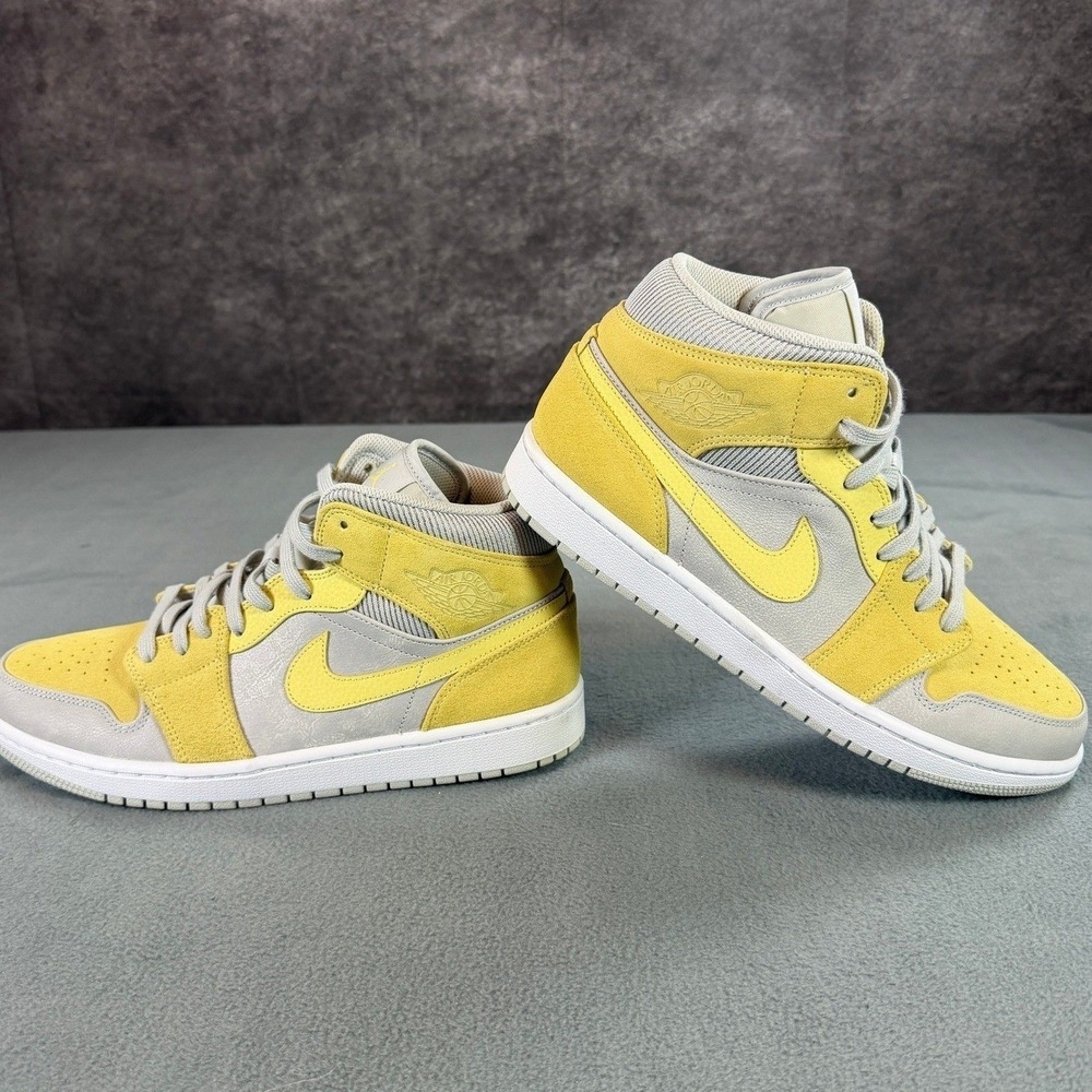 Nike Air Jordan 1 Mid Yellow Grey Suede Mens Basketball Sneakers BQ6472-110 10.5
